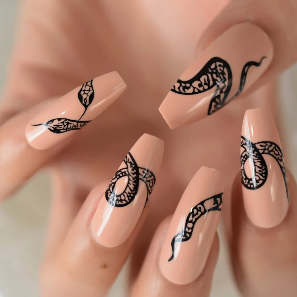 24pcs/set Punk Black Snake Pattern Nude French Press on False Nails Extra Long Coffin Ballerina Fingersnails Manicure Tools