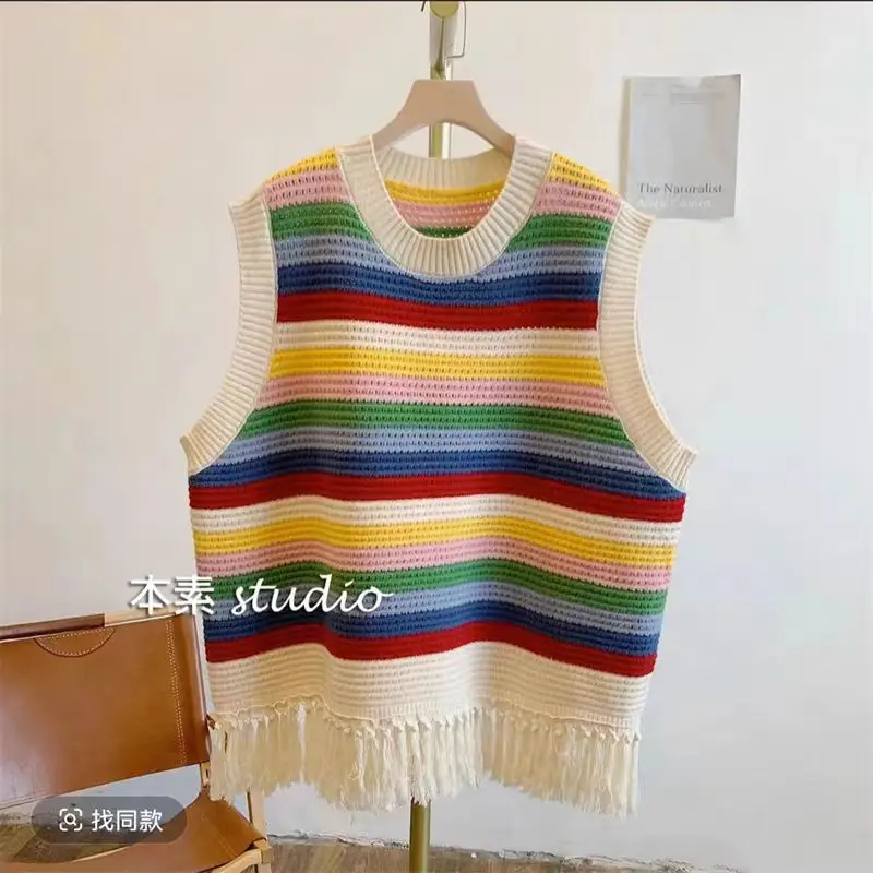

2026 Women's Spring Rainbow Stripe Knitted Tank Top Tassel Camisole Hollow Sleeveless Casual Cropped Sweaters Vest Striped Top