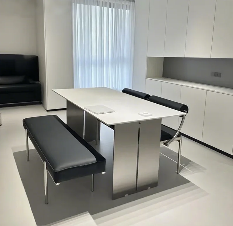 #Modern Rectangular Extendable Dining Table With Sintered Stone Top Waterproof Assembled Furniture Set For 6