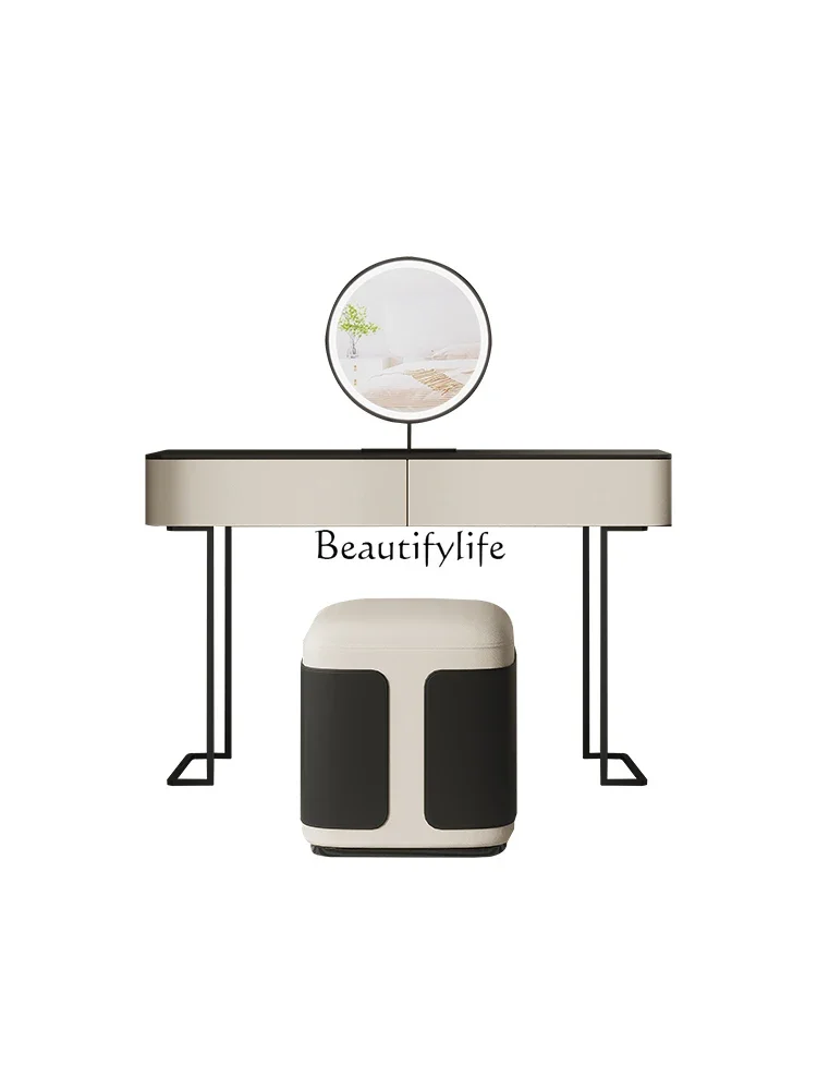 

pg45Cream Style Dresser Modern Minimalist Room Solid Wood Saddle Leather Stone Plate High-End Makeup Table
