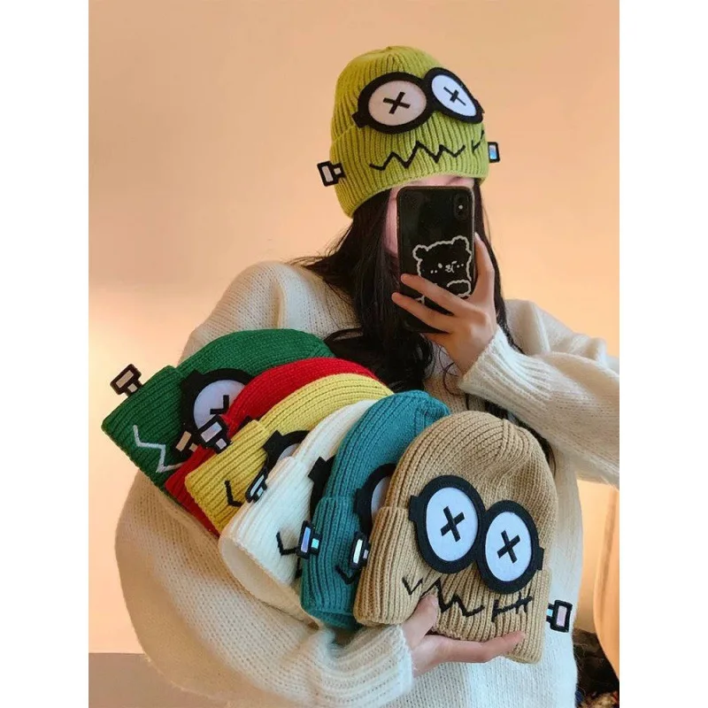 New Versatile Funny Knitted Woolen Hat Men Women Autumn Winter Warm Malfunction Robot Cute Big Eyed Cartoon Ear Protection Hats