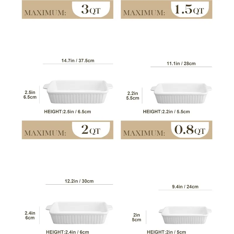 Casserole Dishes For Oven, Porcelain Baking Dishes, Ceramic Bakeware Sets Of 4, Rectangular Lasagna Pans Deep With Hand