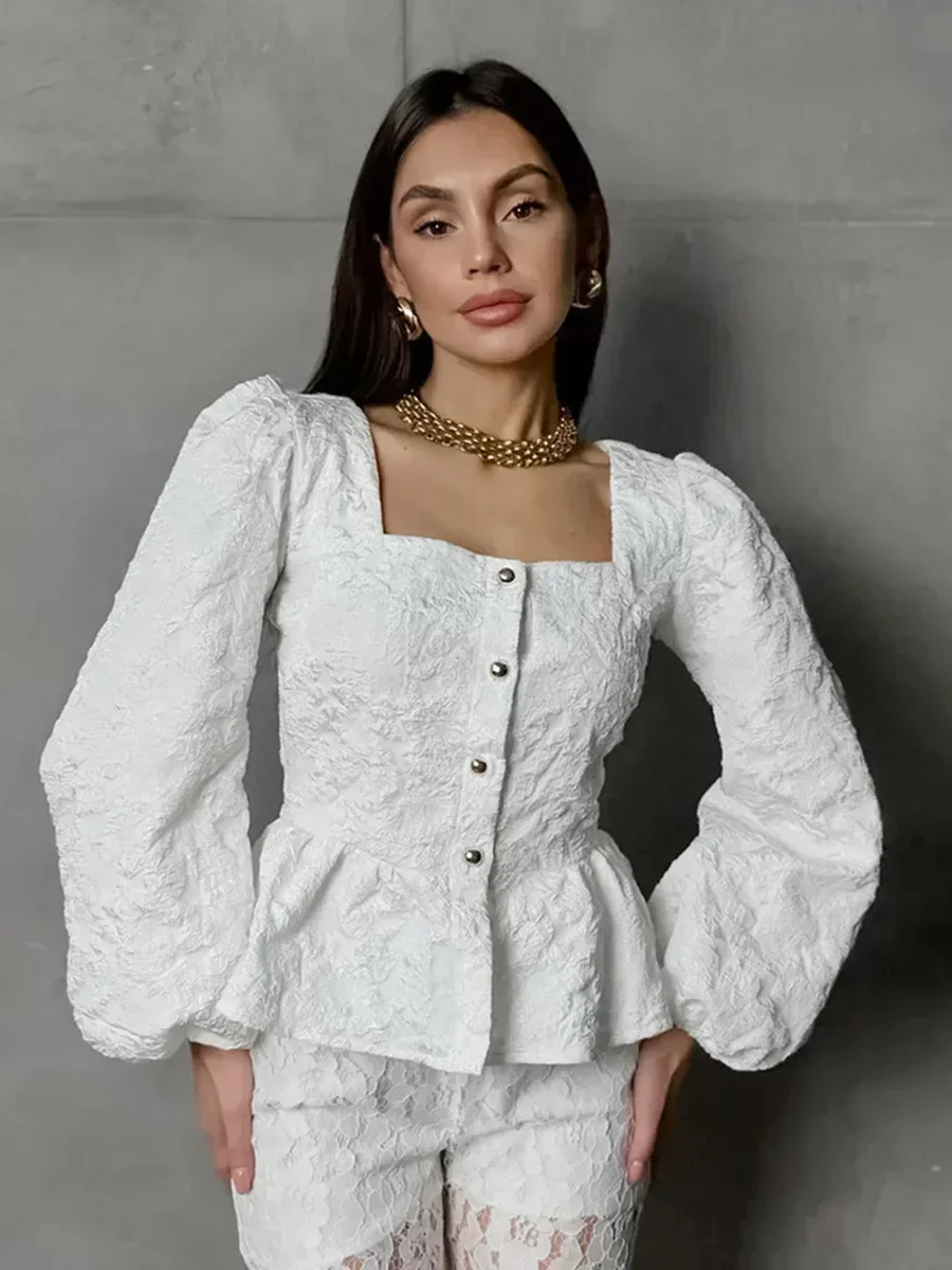 Elegancka moda Żakardowy splot Solidne bluzki damskie Puff Sleeve Ruffled Button Shirts Office Ladies Square Collar Top