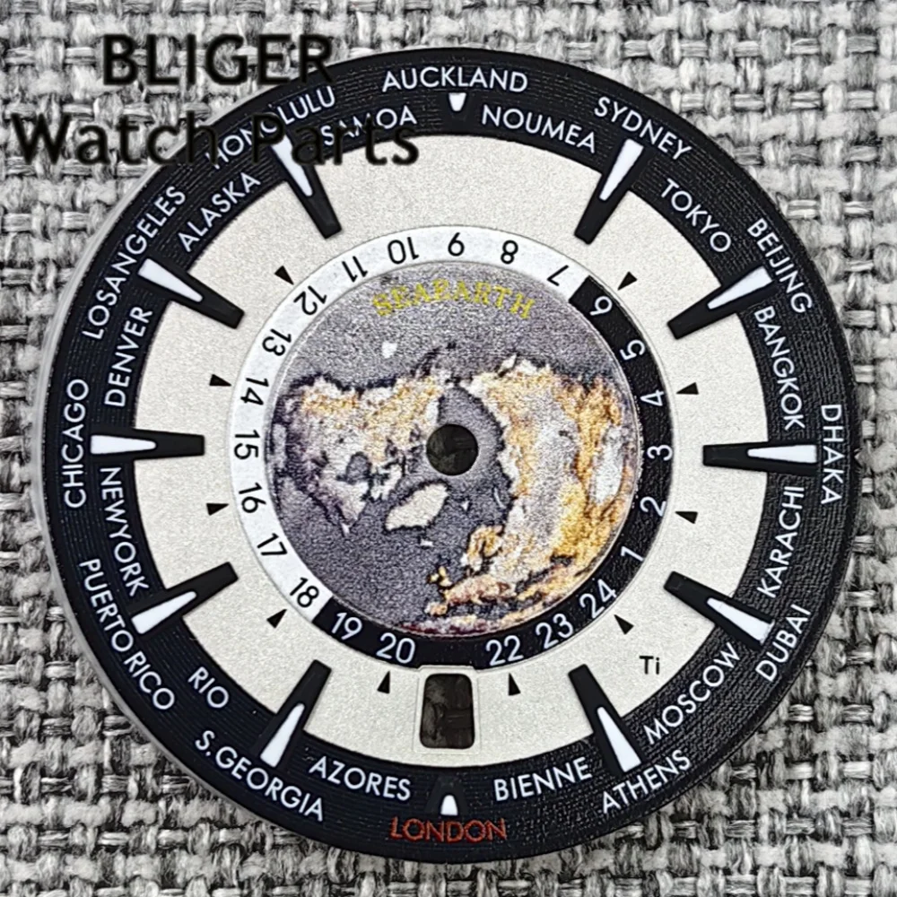 

BLIGER Watch Parts 33.5mm Universal Time Watch dial C3 Green Luminous Black Dial 6 o 'clock Date Luminous With NH35 Movement