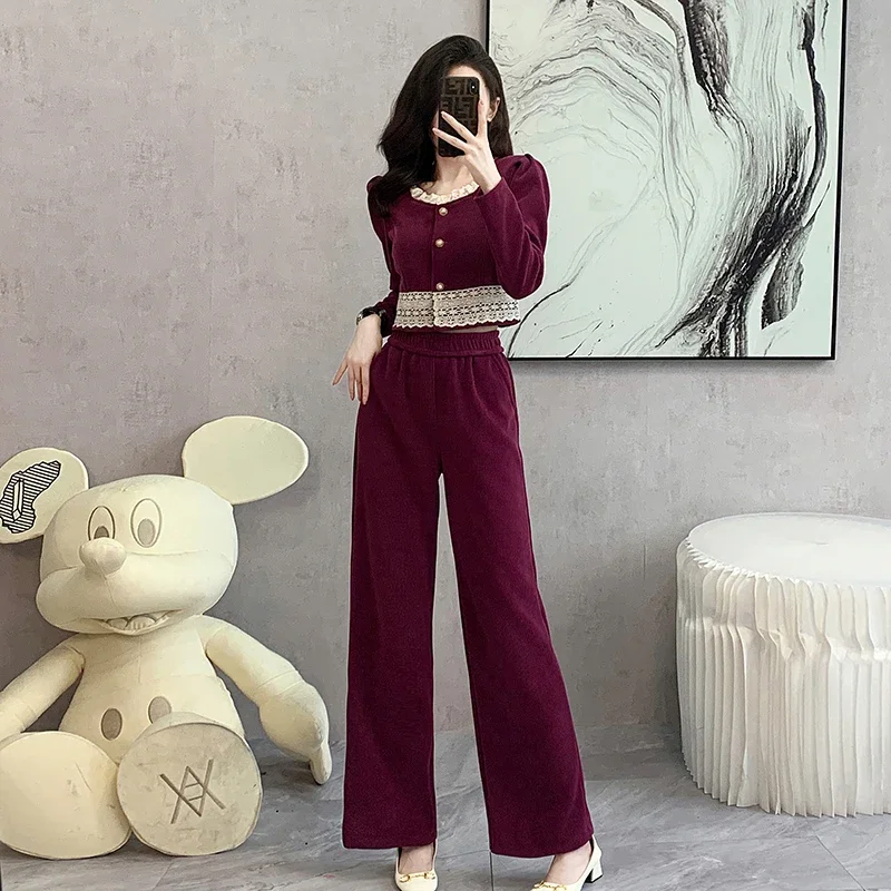 New Spring Autumn Women Elegant Pants Suits High Quality Lace Patchwork Short Jacket And High Waist Long Pants Two Piece Set