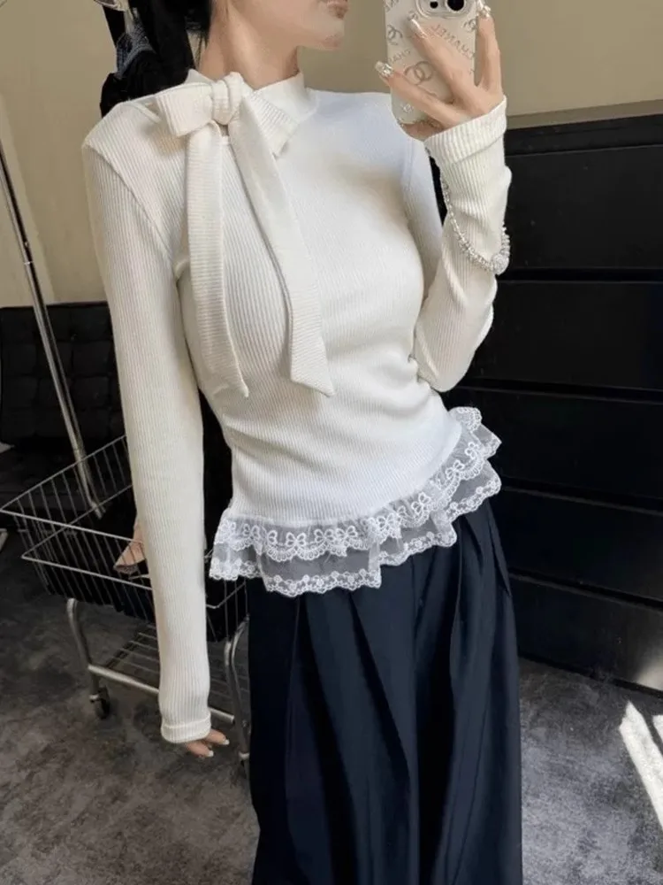 

Вязаная рубашка с длинным рукавом и узлом, женская модная блузка с кружевными вставками, шикарный топ с узлом, приталенный крой, корейский стиль, для повседневной носки