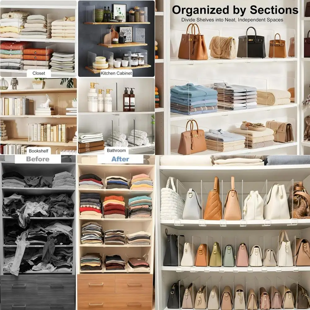 

6-Piece Clear Acrylic Closet Purse & Sweater Organizers for Wood Shelves - Adjustable Storage for Bags, Towels, Jeans & Shoes