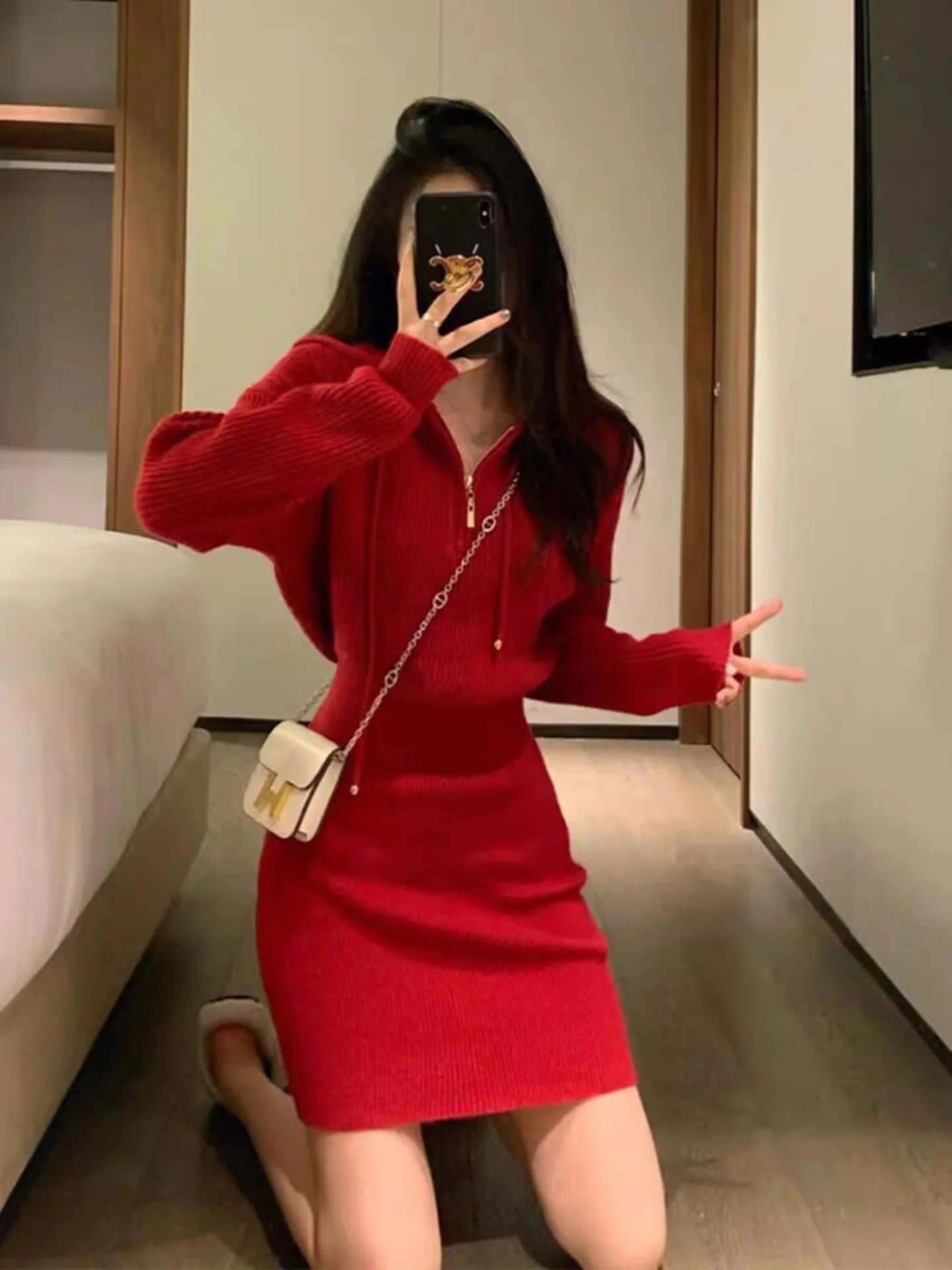 エレガントなニットハロウィンコスチューム女性のスリムフィットラップアラウンドスカートドレス秋冬新スタイル快適な通気性ドレス