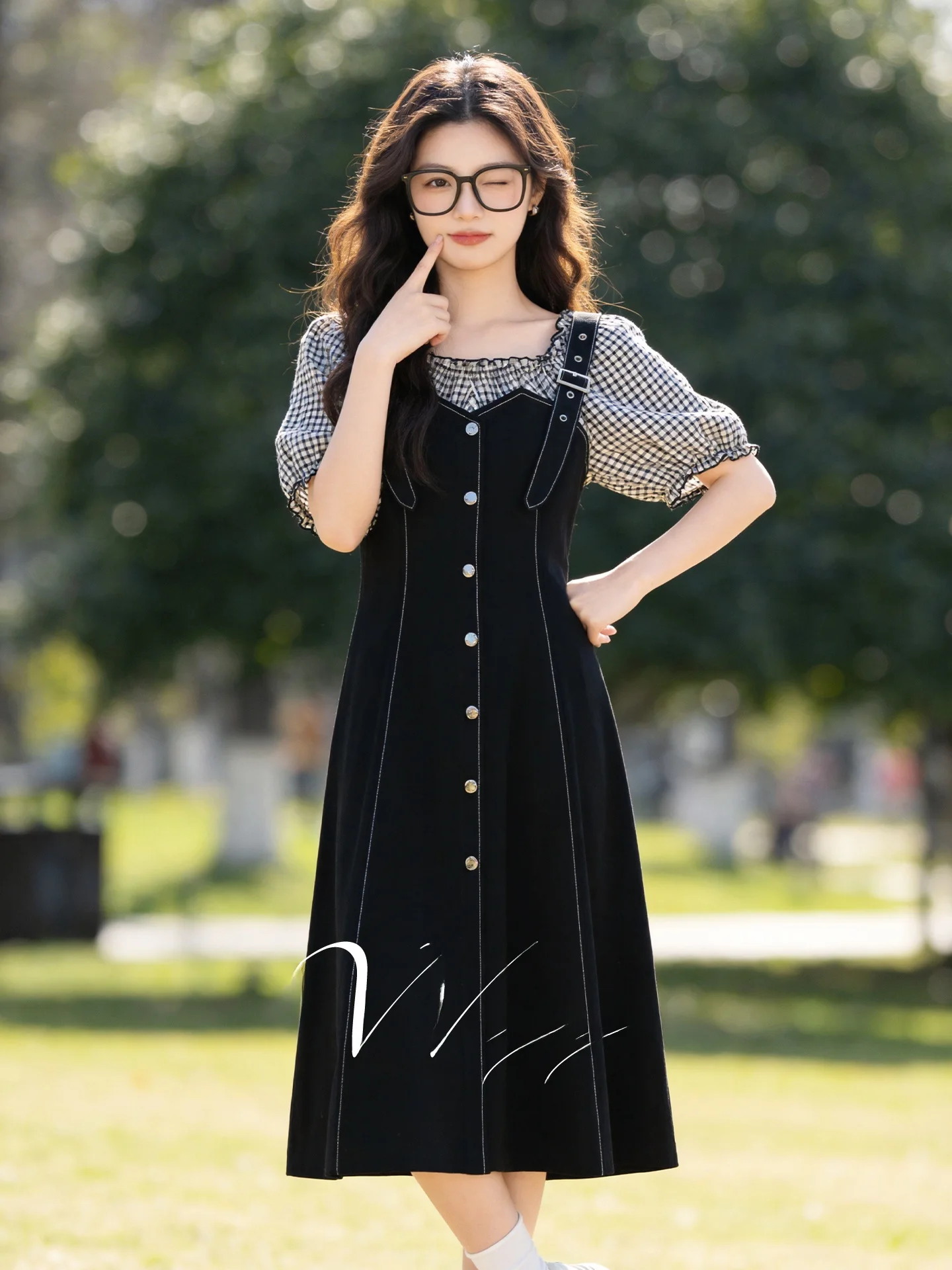 

Summer New Style Women's Dress Age Reduction Large Size Bubble Sleeve A-Line Skirt Sweet Style Short Sleeve Midi Dress