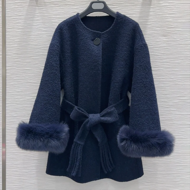 고품질 양면 캐시미어 여성 레이스업 밍크 퍼 커프 울 코트, 중간에서 긴 스타일 여성 의류 25121712