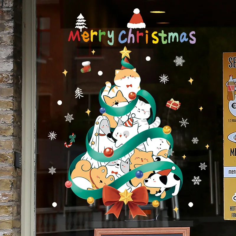 Cartoon Cat Dog Animals Christmas Tree Window Stickers for Kids Room Christmas Decoration New Year Static Window Sticker 2025