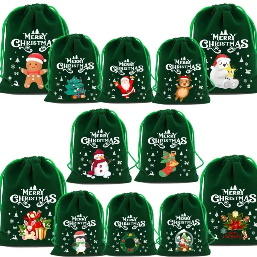 10Pcs Xmas Velvet Bags 9x12 15x20cm Small Candy Gift Bag Drawstring Pouch Christmas Party Favor Boutique Jewelry Packaging Bags