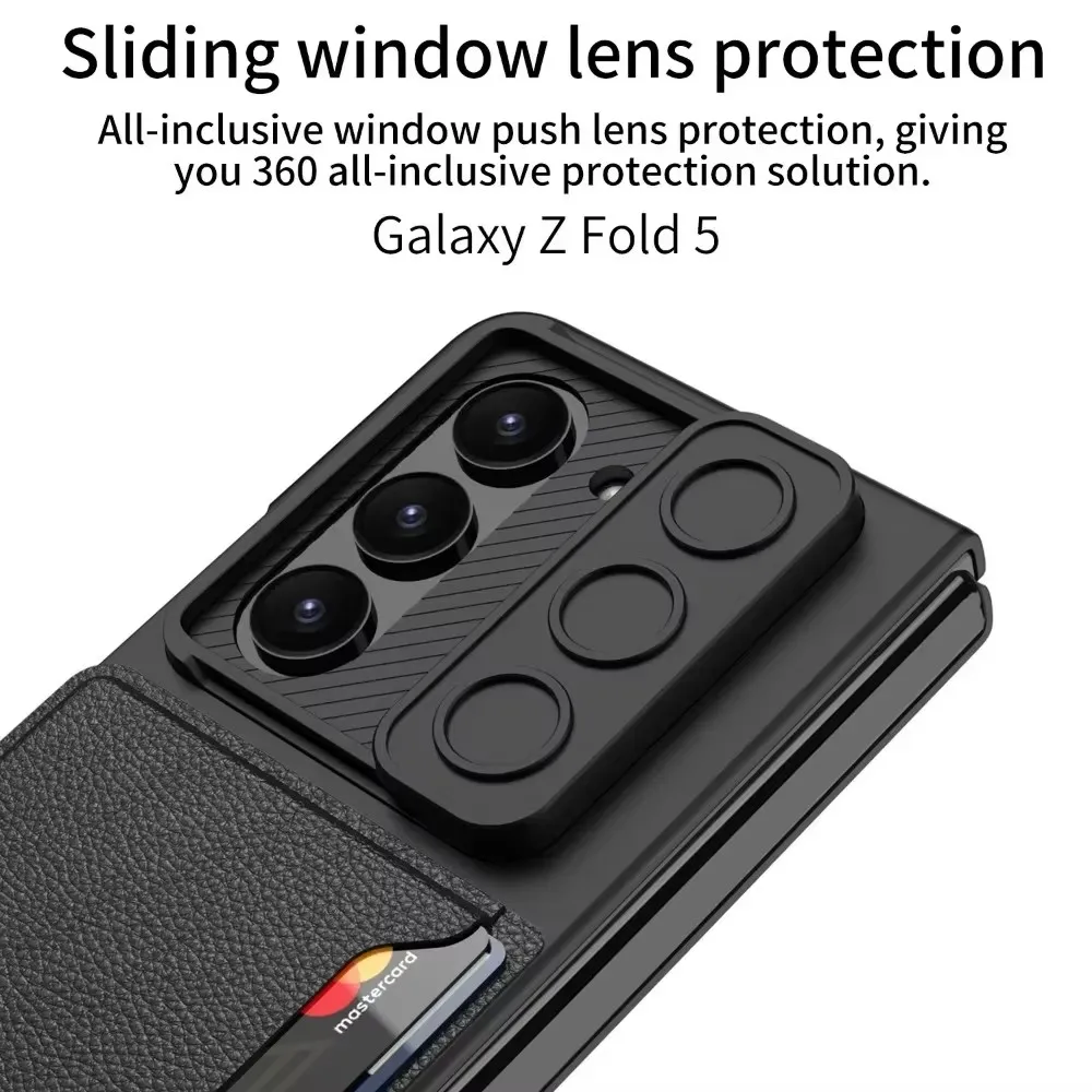 Luxury Slide Window Case for Samsung Galaxy Z Fold 6 5 Z Fold6 5G Case with Card Holder Lightweight HD Tempered Glass Cover