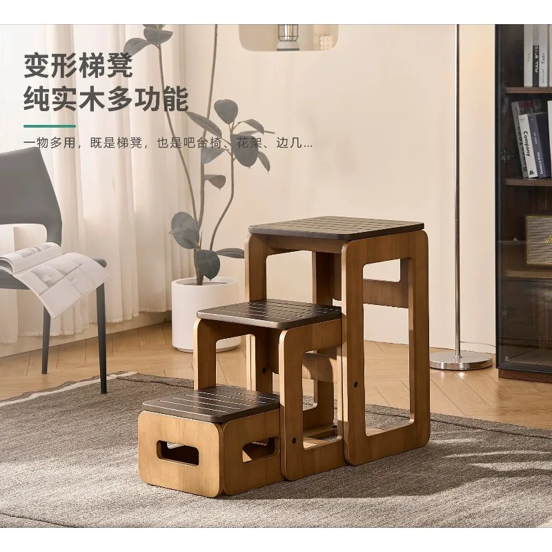 Solid wood ladder stool foldable deformation rotating household multi-functional side table