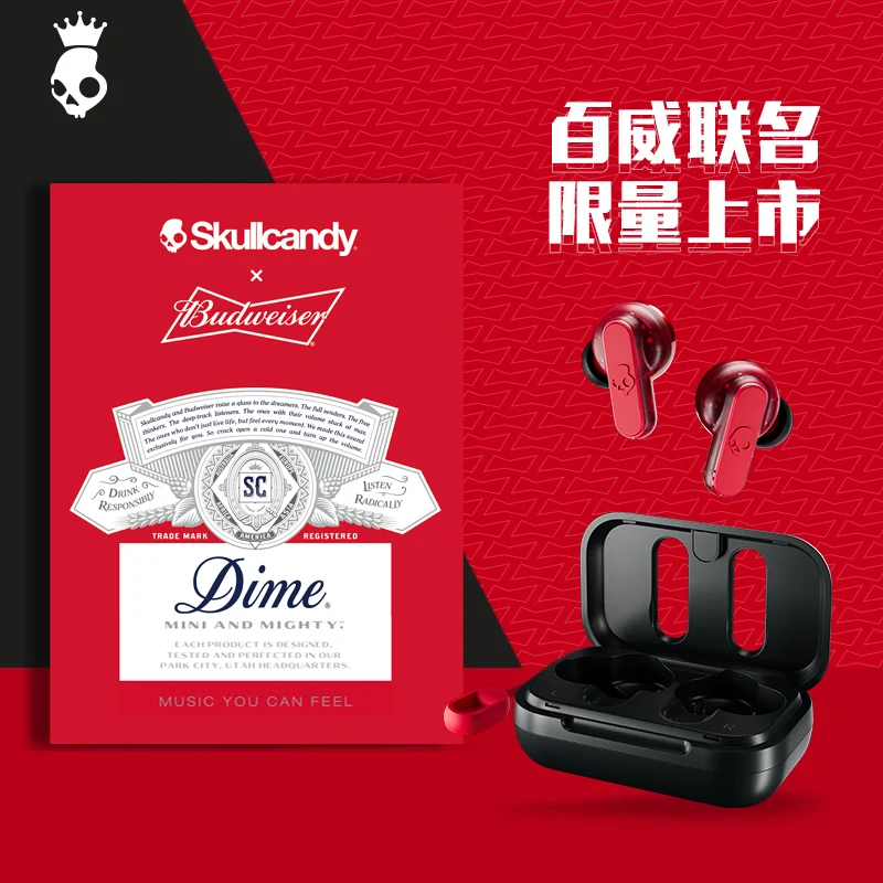 Original Skullcandy Dime x Budweiser S2DMW-P934 Wireless Earbuds IPX4 Waterproof Earphones Related Models Indy evo Budweiser