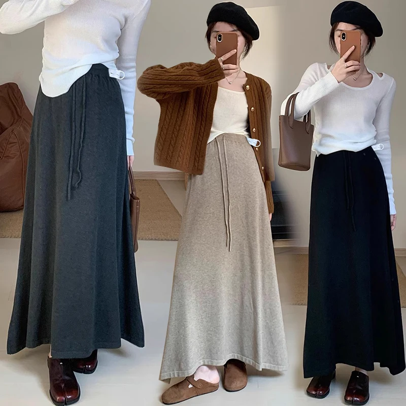 Autumn Winter Cashmere Long Skirts Maternity One Size Stretch Elastic Waist Belly A Line Bottoms for Pregnant Women Pregnancy