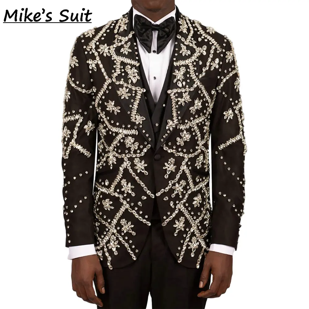 Black Diamonds Gem Formal Men Suits For Prom Wedding Groom Tuxedo 2 Pieces Man Suit Jacket And Pants Custom Made