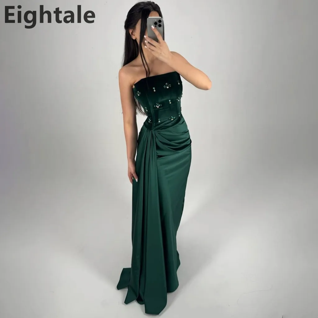 

Eightale 2025 Green Velvet Mermaid Evening Dress For Women Beaded Strapless Dubai Arabic Formal Prom Party Gown Customized