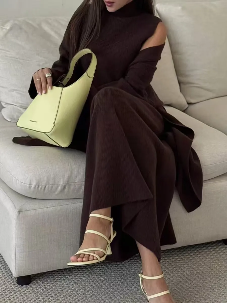 Модный вязаный кардиган, юбка, свитер, футболка, комплект Ele, осень-зима, теплый длинный свек f, цвет с высоким воротником