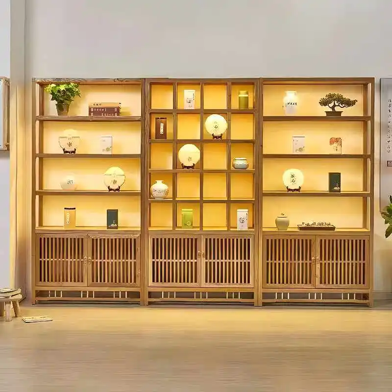 Solid wood tea room Bogu rack with lamp bookcase partition shelf tea cabinet shelf tea cabinet display cabinet