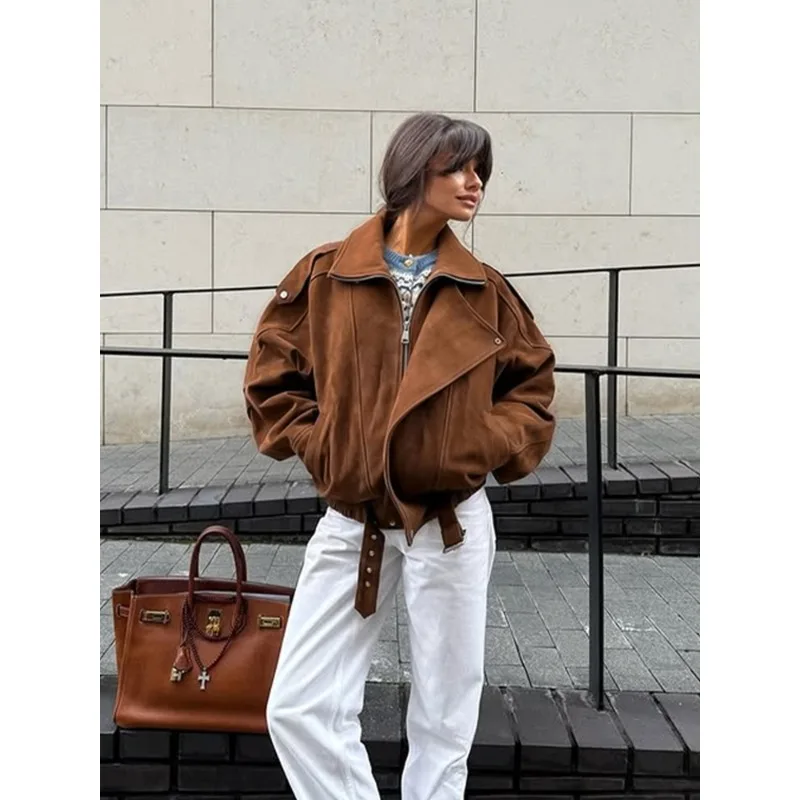 

Замшевая куртка-бомбер женская свободная куртка на молнии с лацканами и карманами женское пальто с длинными рукавами для отдыха осень винтажная женская уличная куртка