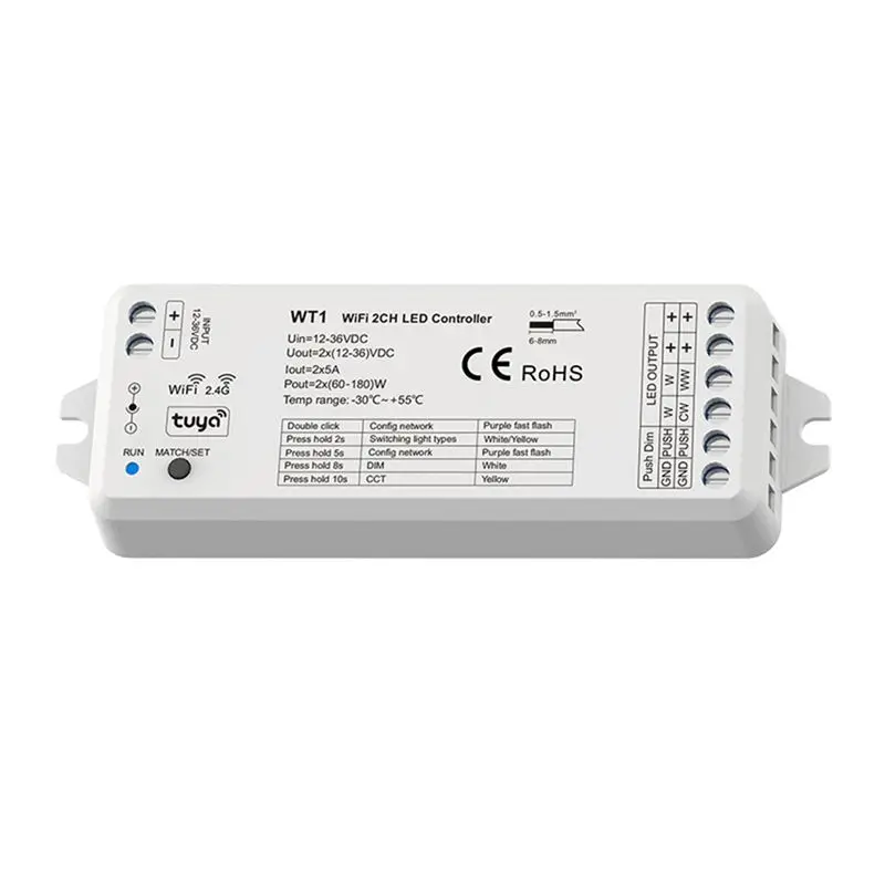 B50B-TUYA 2.4G Wifi Dimmer Controller Kit For 2CH LED Strips- WT1 12V 24V 36V CCT Smart Dimming Remote Control Module