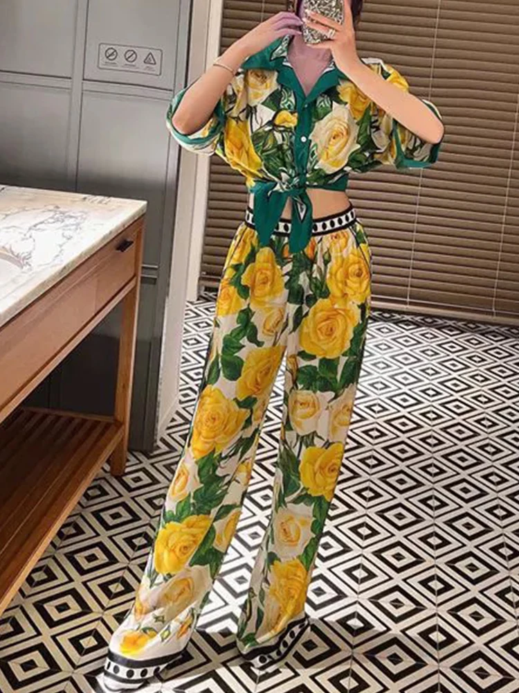 Spring and summer single-breasted printed short-sleeved shirt+high-waist wide-leg casual pants fashion two-piece women\'s suit