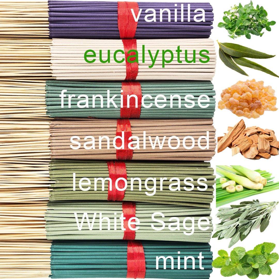 Palos de fragancia de plantas de selva tropical de 7 sabores de alta calidad, incluidos vainilla, eucalipto, incienso, sándalo, hierba de limón, salvia blanca y menta, esenciales para uso doméstico, fragancia duradera, purifica el aire