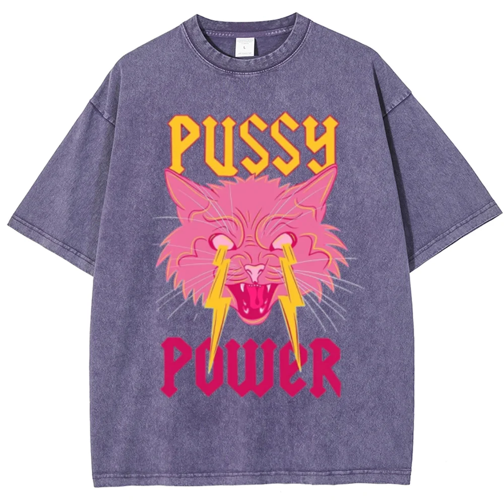 Y2K Summer Women's T-Shirt Oversized Faux Denim Fabric Short Sleeve PUSSY POWER Cat Print Cute Casual Cool Unisex Top