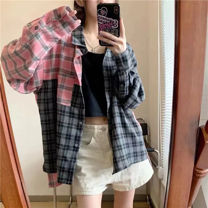 

Fall Spliced Plaid Print Long Sleeve Women T Shirts Korean Fashion Harajuku Casual Hit Color Oversized Tops Tee Punk High Street