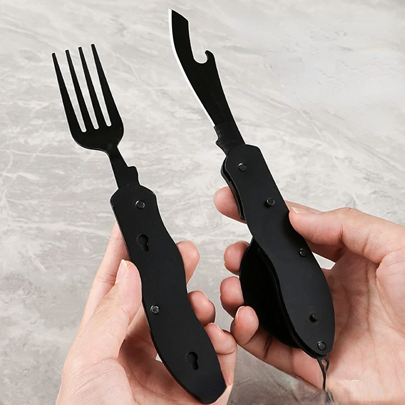 Multitool Outdoor Camping Utensils Portable Stainless Steel Foldable Spoon Fork Knife Bottle Opener Combo Set Cutlery  Tableware