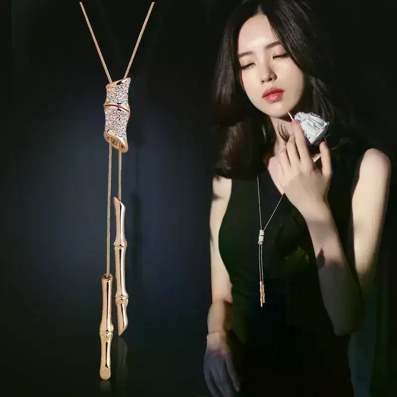 موضة الخيزران قلادة طويلة قلادة للنساء جديد حجر الراين سترة سلسلة مجوهرات للنساء هدايا