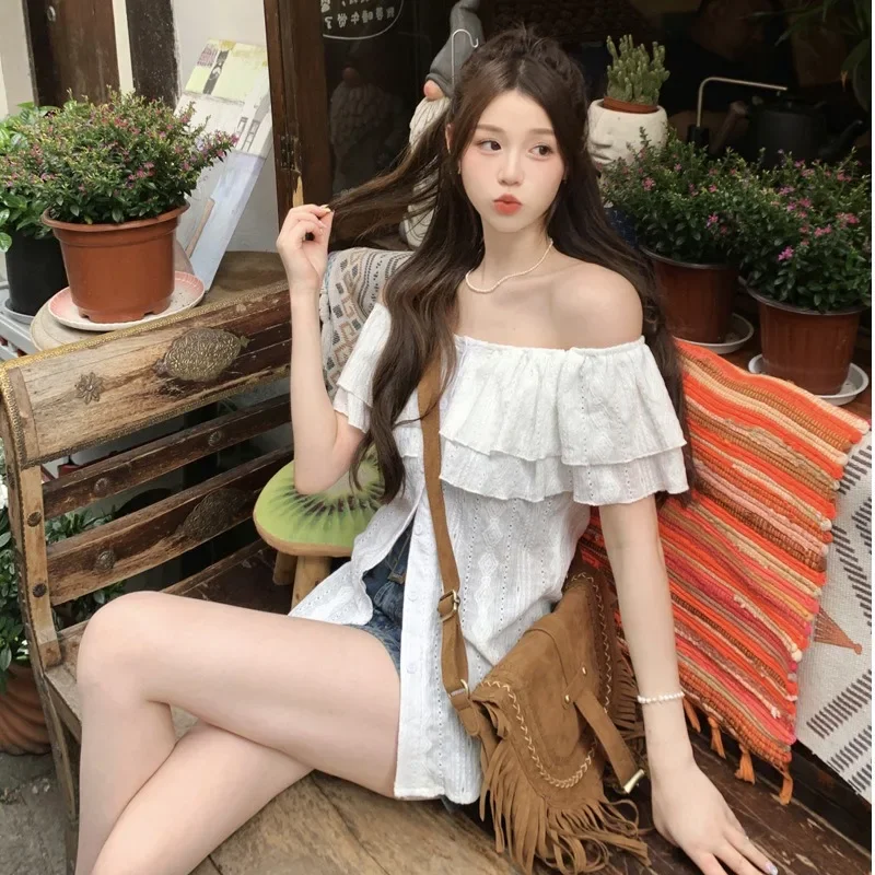

French Ruffles Blusas Shirt For Women Oversized Blouses Ladies Beautiful Collarbone Off-Shoulder Tops 2025 New All Match Blusas