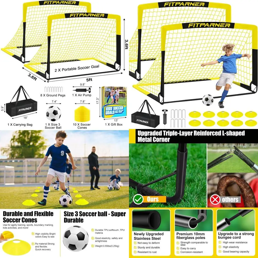 Porterías de Fútbol Portátiles, Paquete de 2 con Balón y Conos, Ideales para Edades de 3 a 14 Años, Kit de Entrenamiento Completo para Jugar al Aire Libre