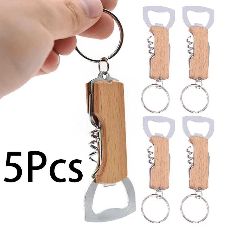 5Pcs Multifunctional 3 in 1 Corkscrew & Opener Peeler Key Chain Wood Handle Wine Core Screw Beer Bottle Opener Keychain