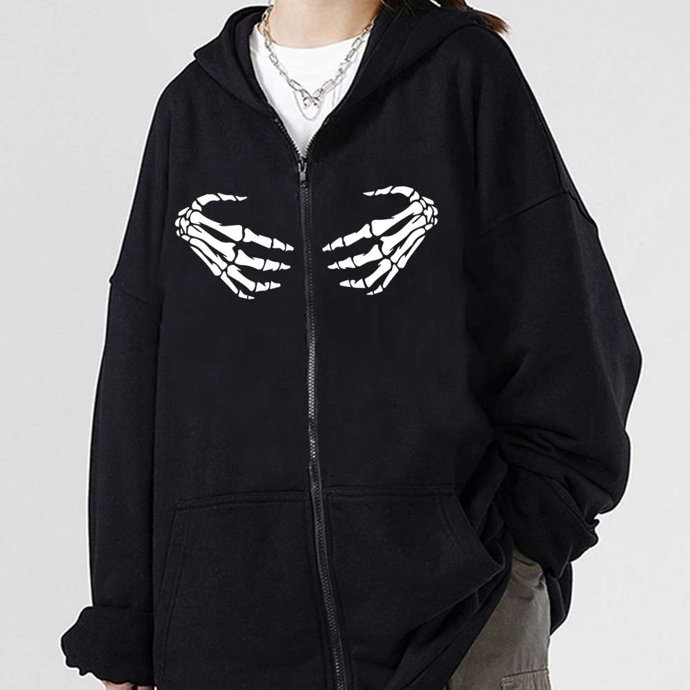 

Gothic Skeleton Hand Print Zipper Sweatshirt Y2K Vintage Harajuku Bones Graphic Unisex Zip Up Hoodie Streetwear Casual Zip Hoody