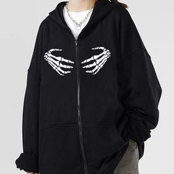 Gothic Skeleton Hand Print Zipper Sweatshirt Y2K Vintage Harajuku Bones Graphic Unisex Zip Up Hoodie Streetwear Casual Zip Hoody