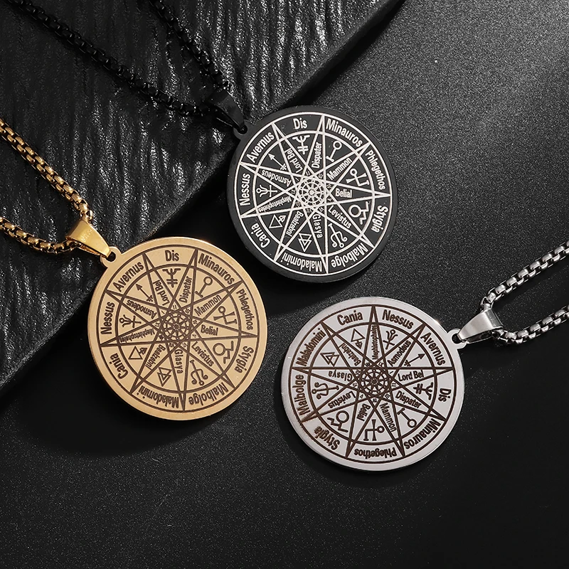 Stainless Steel Solomon Symbol Mysterious Divination Rune Pendant Necklace for Men Women Punk Fashion Cool Jewelry