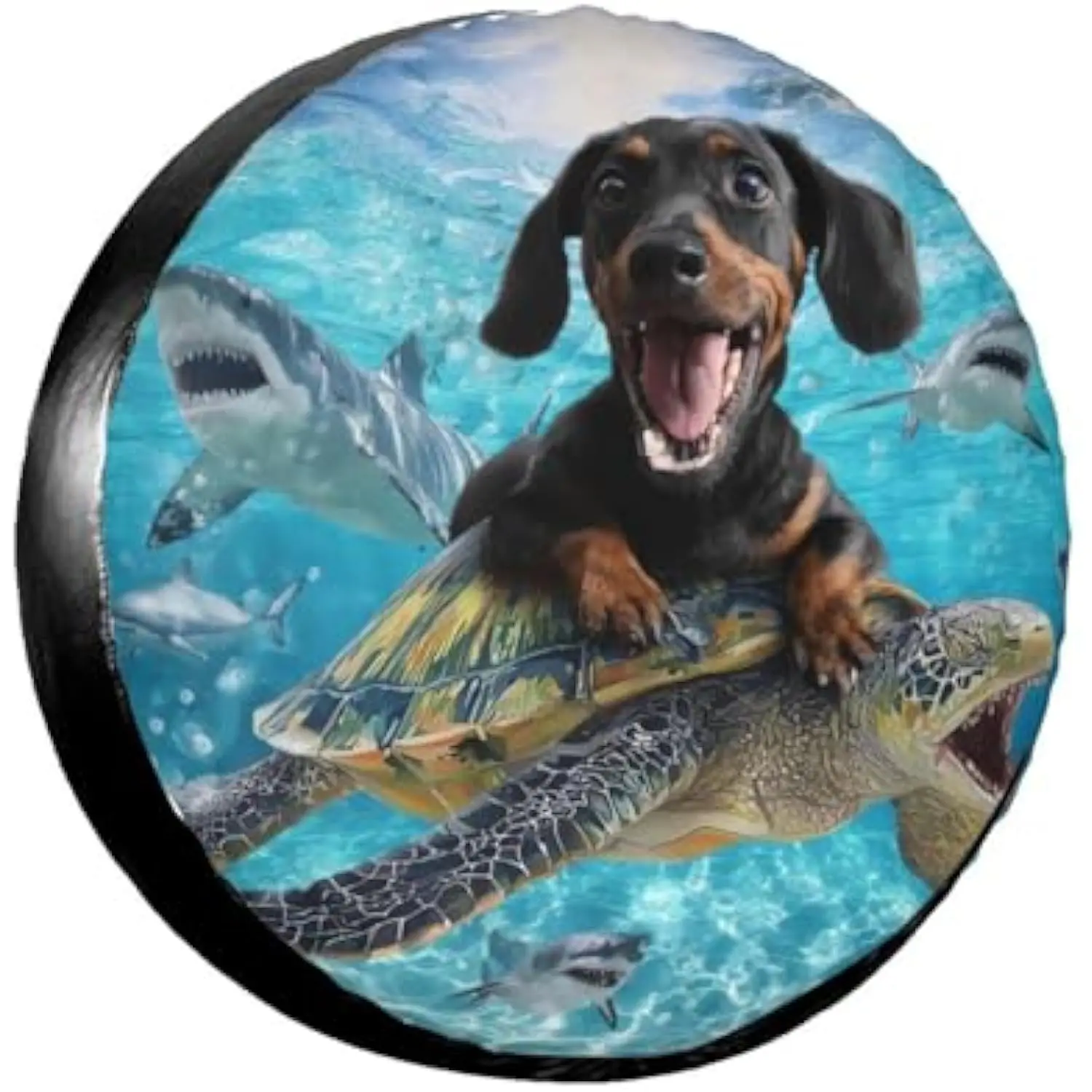 Funny Dachshund Riding Sea Turtle Spare Tire Cover Sharks Water Adventure Polyester Wheel Protector Cover for SUV Truck