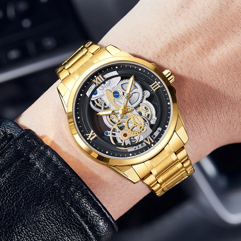 LIGE Men Watch Skeleton Quartz Wristwatch Gold Skeleton Retro Man Watch Top Brand Luxury Clock Mens Watches Relogios Masculino