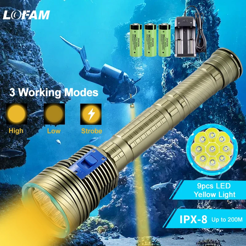 

Ultra Bright Diving Flashlight 9pcs LED White Yellow Color Light 3 Working Modes Metal Spearfishing Dive Flash Light Torch Lamp