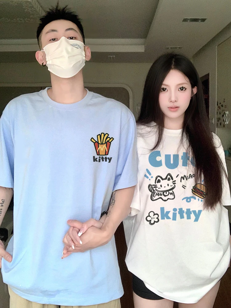 Cute Kitten Fries Burger Pattern Couple Dress Short Sleeve Summer 2024 New Comfortable Casual Cotton T-shirt