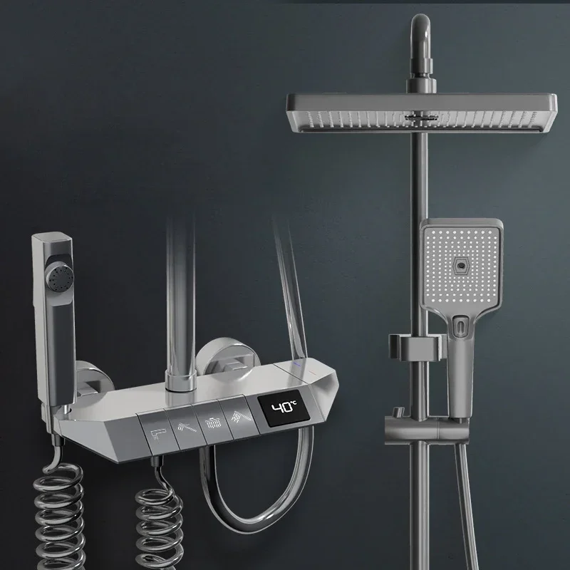 004 Advanced 4 Functions Gun Grey Keypad Piano Push Button Press Key Flat Digital Display Bath Shower Set Faucet System