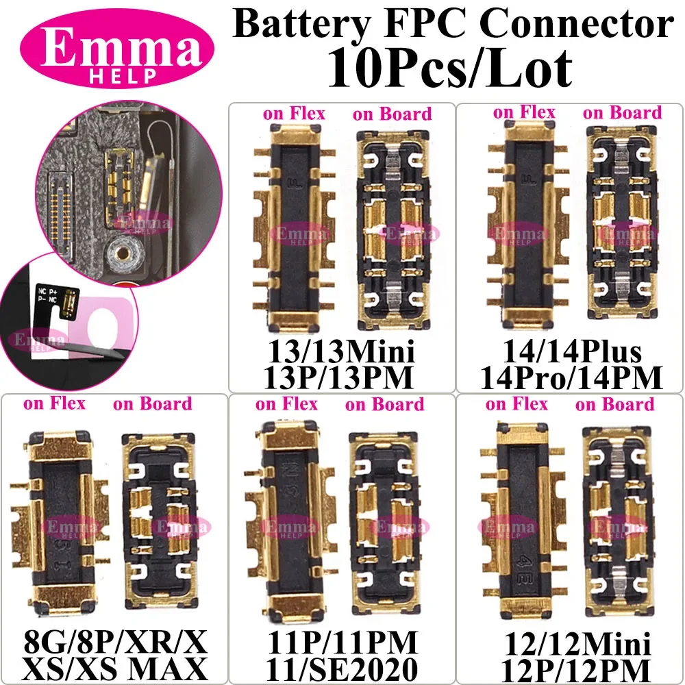 EmmaHelp 10pcs FPC on Battery Flex Cable For iPhone 11 12 13 14 15 Pro Max X XR 8 Plus Connector Clip Plug