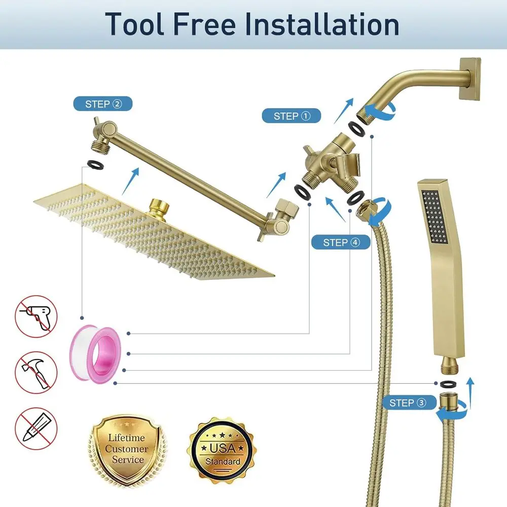 مجموعة دش معدنية محمولة للمطر مع ذراع قابل للتعديل، 70 خرطوم، محول ثلاثي الاتجاهات، ذهبي مصقول