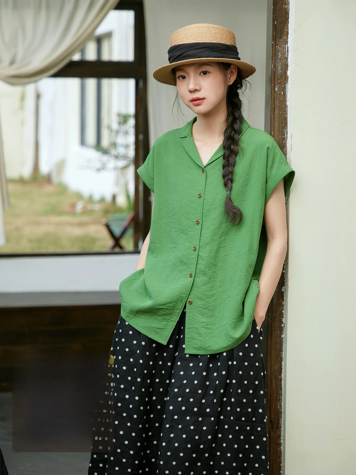 

Retro Green Collar Shirt Women's Summer Shoulder Cover Sleeve Linen Blend Thin Shirt Top Breathable Loose Fit Button up