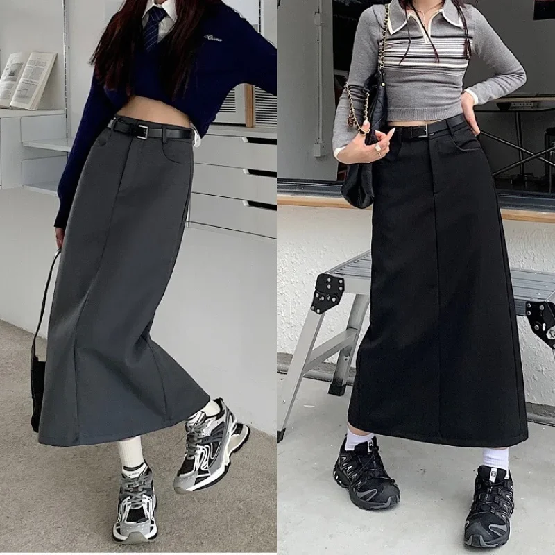 

Women Summer Midi Skirts Korean Preppy Style High Waisted Back Split Straight Pencil Skirts Y2k Streetwear Falda Femme Jupes