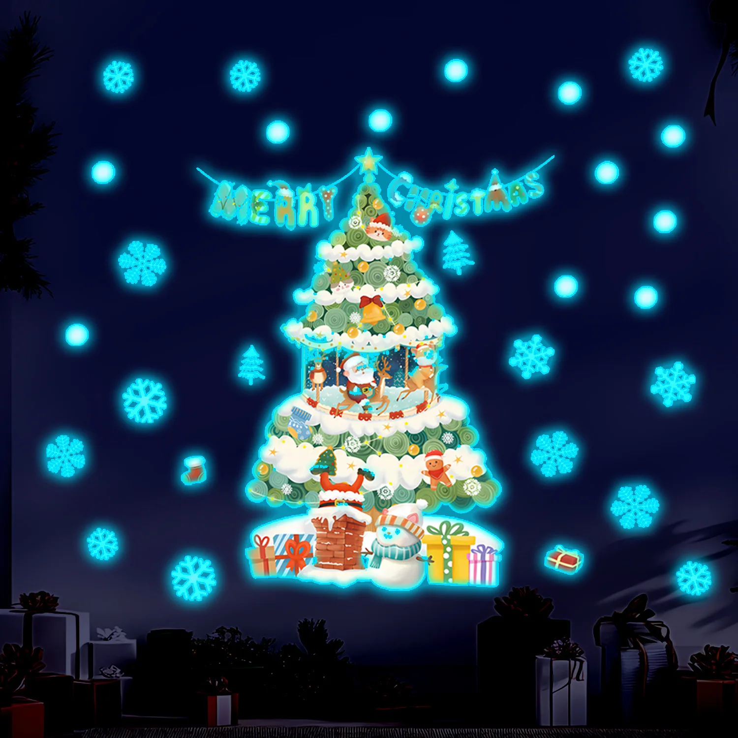 

Christmas Window Glow Stickers Santa Claus Xmas Tree Cartoon Glass Decal Merry Christmas New Year Holiday Decorations for Home
