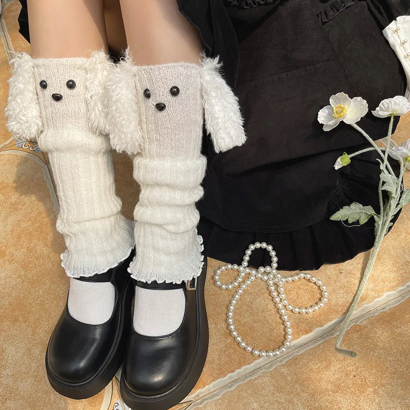 1Pair Cute Knitted Lolita Leg Warmers Long Cartoon Dog Ears  Socks Foot Leg Cover Cuff Fashion Winter Crochet Knitted Wool Cable
