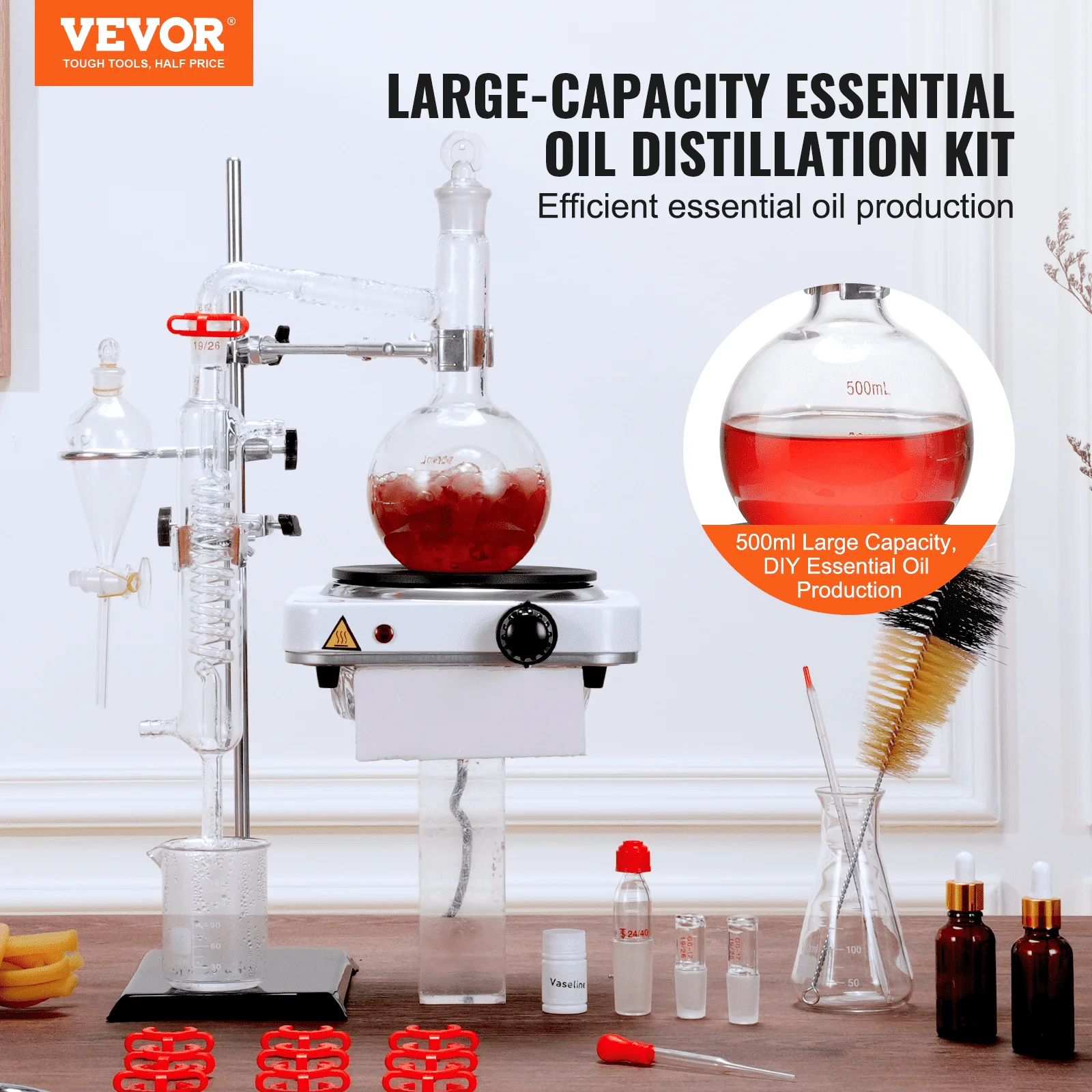 Essential Oil Distillation Kit, 500ml Distillation Apparatus, 3.3 Boro Lab Glassware Distillation Kit with 1000W Heating Plate a